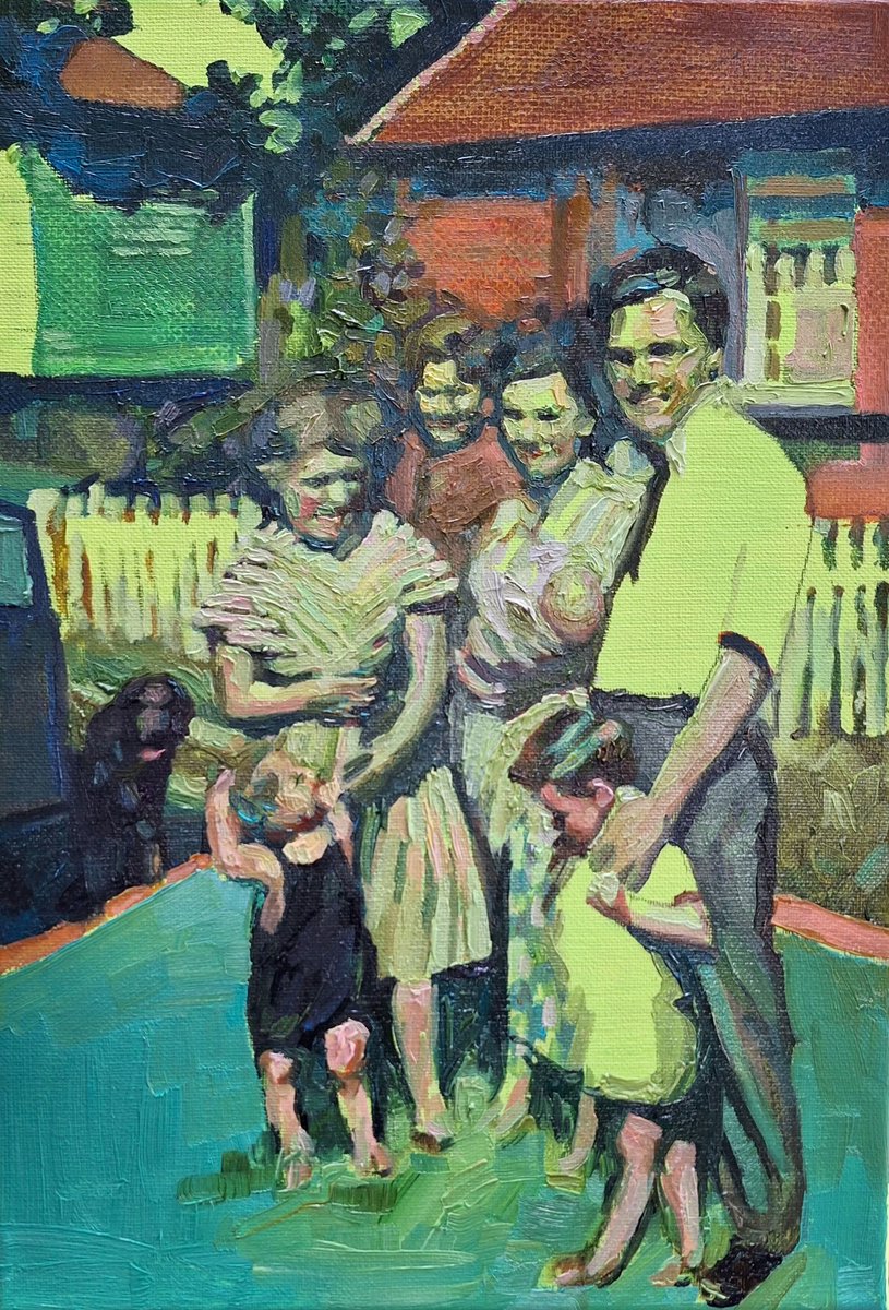 Finished (I think) this painting, I Put This Moment Here. I feel as though I have been quite brave with the colour, which I find exciting - it's reminding me of 1970s postcards, but orignal image is black and white from the 1950s. #figurepainting #oilpainting