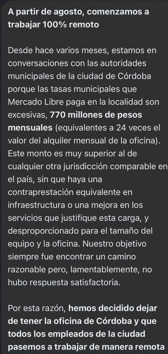 Mercado Libre cierra su oficina en la ciudad de Córdoba y se pasa 100% remoto gracias al descomunal robo de tasas del intendente Passerini.
Pagan 770 millones de pesos mensuales solo para mantener munipas.