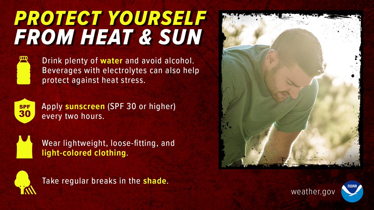 RhodeIslandEMA's tweet image. If you work outside, extreme heat can quickly become dangerous. Take steps to protect yourself from dehydration, heat exhaustion, and heat stroke.
💧 Drink LOTS of water throughout the day—don’t wait until you’re thirsty.
🧊 Wear a cold cloth or a frozen T-shirt around your…
