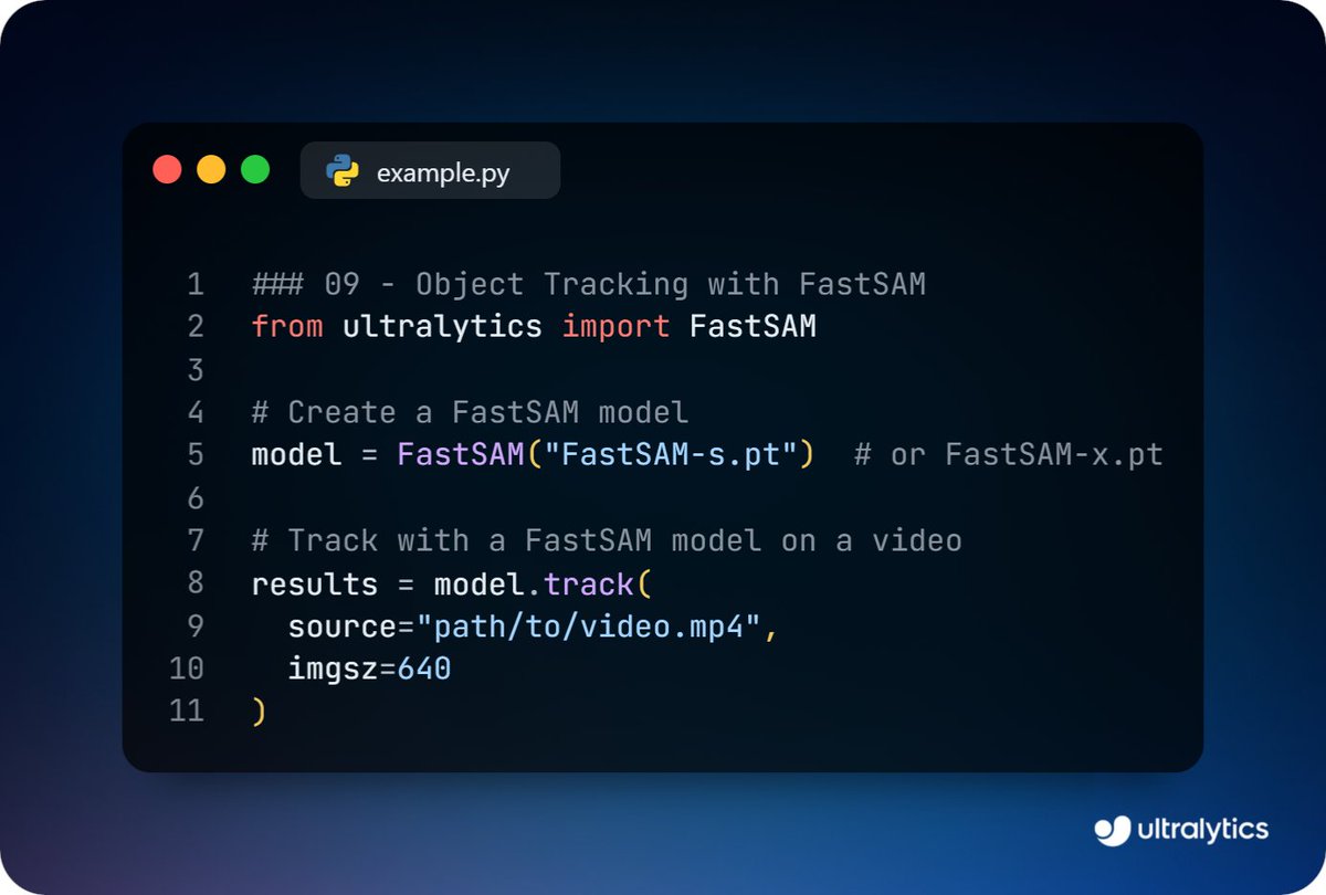 ultralytics's tweet image. Track masks across video frames with FastSAM!

Use the model.track method with your video input to get real-time mask tracking using the FastSAM model.

Learn more ➡️ ow.ly/Mj2Q50W9UQi

#FastSAM #Segmentation #AI