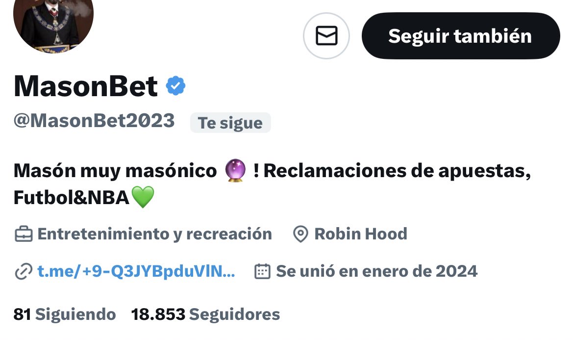 Vaya honor que tremendo masón de las apuestas como <a href="/MasonBet2023/">MasonBet</a> me siga.
Solo hay que ver ese número de seguidos/seguidores. 🕶️

pd. Se que lo de Merlier o Milan @ 1.9 de hoy ha tenido mucho que ver.