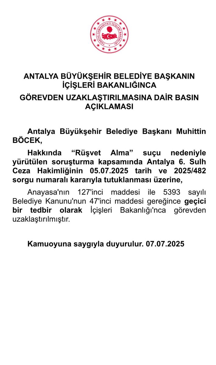 Antalya Büyükşehir Belediye Başkanı Muhittin Böcek “Rüşvet Alma” suçu nedeniyle görevden uzaklaştırıldı. ❗️