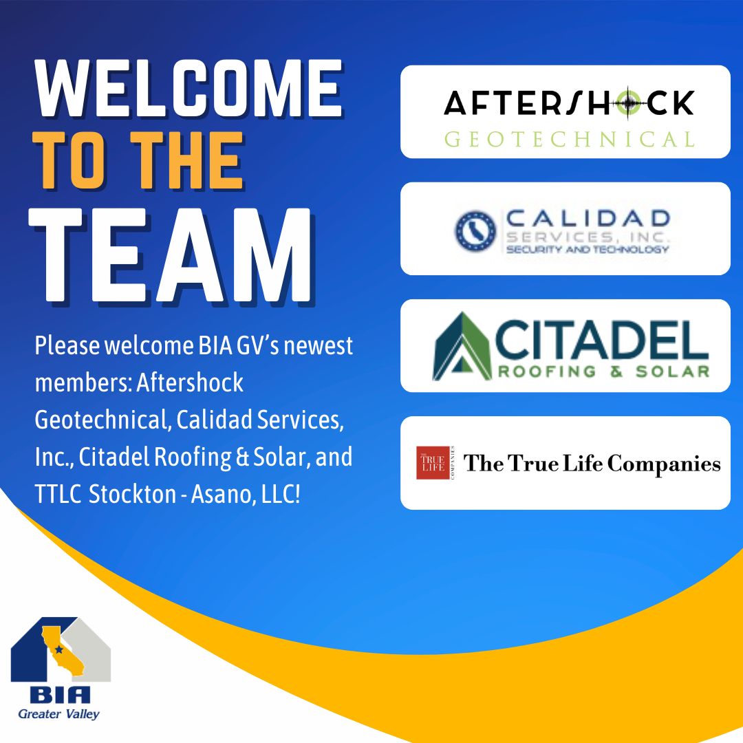 Please give a warm welcome to our newest members: Aftershock Geotechnical, Calidad Services, Inc., Citadel Roofing &amp; Solar, and The True Life Companies (TTLC) Stockton - Asano, LLC!

We welcome you all to BIA GV and encourage others to extend a warm welcome!
.
.
.
#biagv #members
