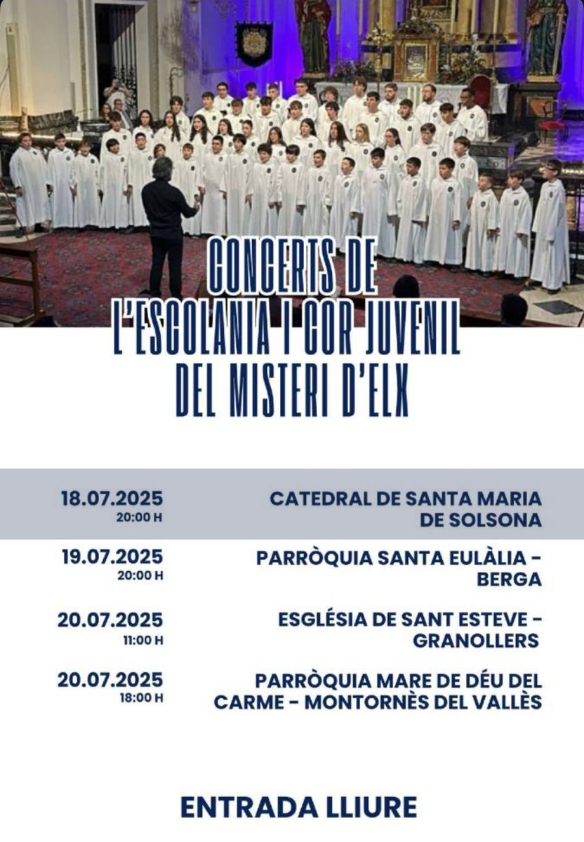 L'Escolania i Cor Juvenil del Misteri d'Elx arriba a la Catedral de #Solsona  per oferir un concert únic i emotiu. Una oportunitat única per gaudir d'un dels tresors musicals i patrimonials més especials de casa nostra. Reserveu-vos la data: 18 de juliol a les 8 de la tarda.