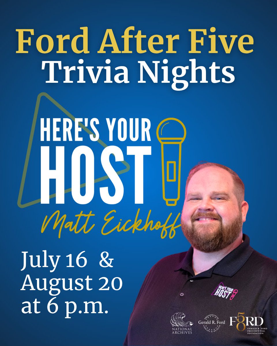 Ford_Library's tweet image. Ready to test your trivia skills? 🧠💡
Join us for fun history & pop culture trivia including audio and visual clues hosted by Matt Eickhoff on July 16 and August 20 at 6 p.m.!
Games will be played in teams (up to 4 members), so come with friends or join a team on the spot!