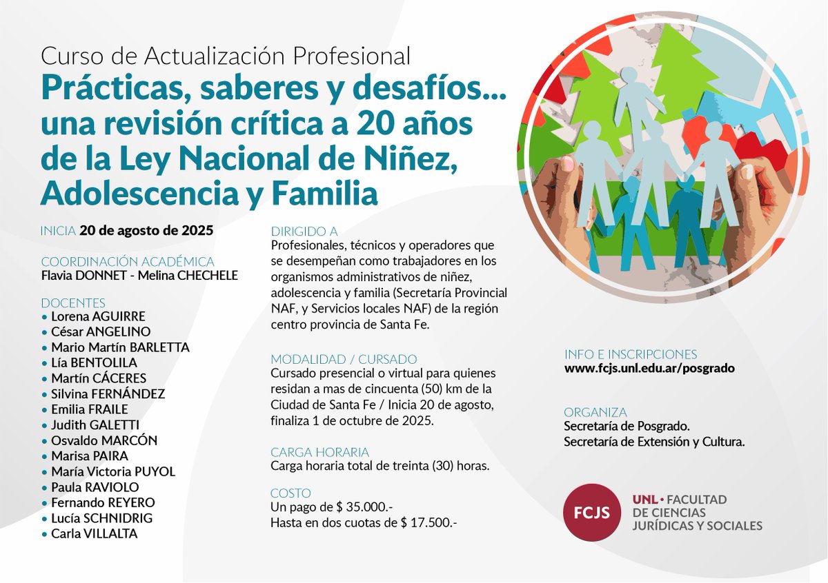 👨‍👧 Curso de Actualización Profesional: Prácticas, saberes y desafíos: una revisión crítica a 20 años de la implementación de la Ley N° 26061

Inscripciones abiertas. Comenzará el 22 de agosto.

ℹ️ fcjs.unl.edu.ar/ver-noticia/?n…