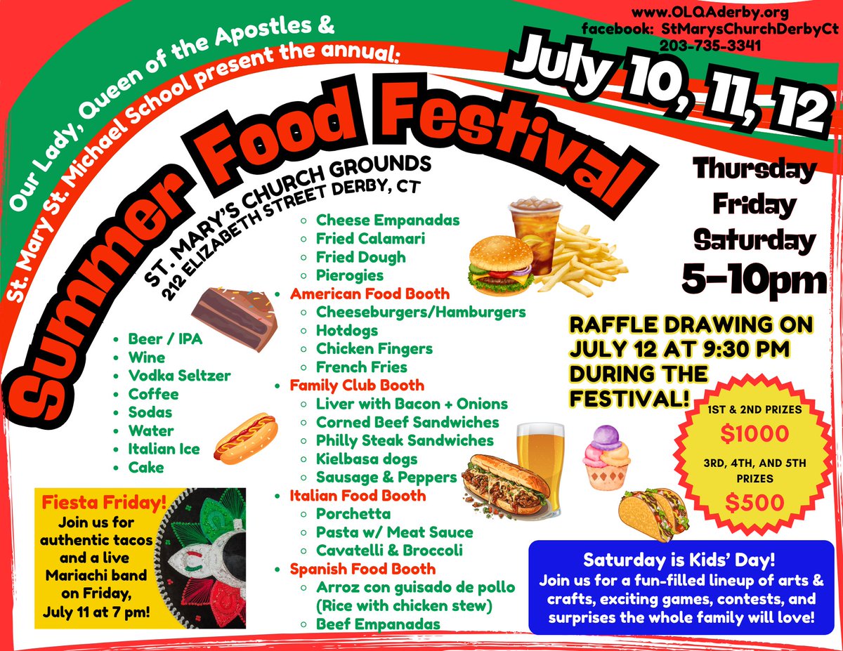 SMSMDerby's tweet photo. SMSM: STARTING THIS THURSDAY: (7/10, 7/11, 7/12). Stop by the Saint Mary's Church Summer Festival for some great food, games, raffles and fun! Saint Mary's Church grounds. The festival opens at 5pm and runs to 10pm! DON'T MISS IT!

#smsmderby #OurLadyQueenoftheApostlesParishDerby https://t.co/qqCxdACUT1