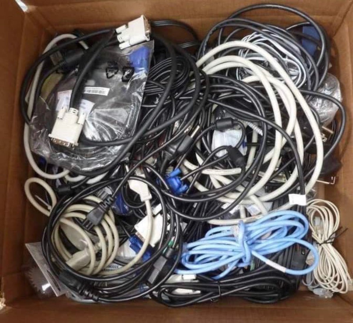 cb_doge's tweet photo. Everyone has that one box of mystery cables at home. https://t.co/9dpS8J9gpO