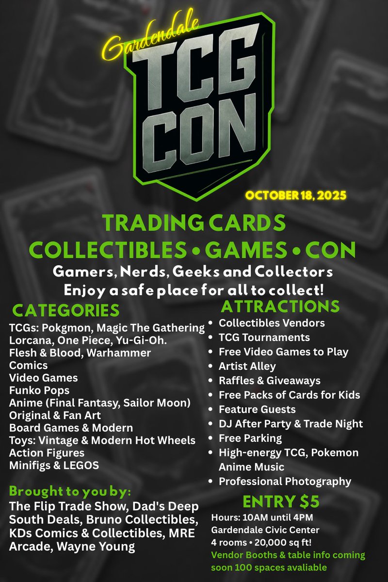 _TCG_con's tweet image. First Flyer for The TCG Con!
Be sure to share and save the date. Come join the first show for the TCG Con!
If You or Know Someone that would like to become a vendor at our show!
Please Email US
Email-TCGcon411@gmail.com
—
#cardshows #hobby #cardcollection