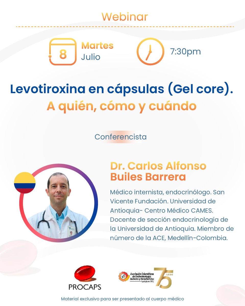 📢 ¡No te pierdas nuestro próximo webinar!

💊 Levotiroxina en cápsulas (Gel core): A quién, cómo y cuándo
🗓️ Martes 8 de julio
🕢 7:30 p.m.

📌 ¡Sigue fortaleciendo tu práctica clínica!

Clic aquí para inscribirte: campusendocrino.com

#ACE #Endocrinología #Webinar