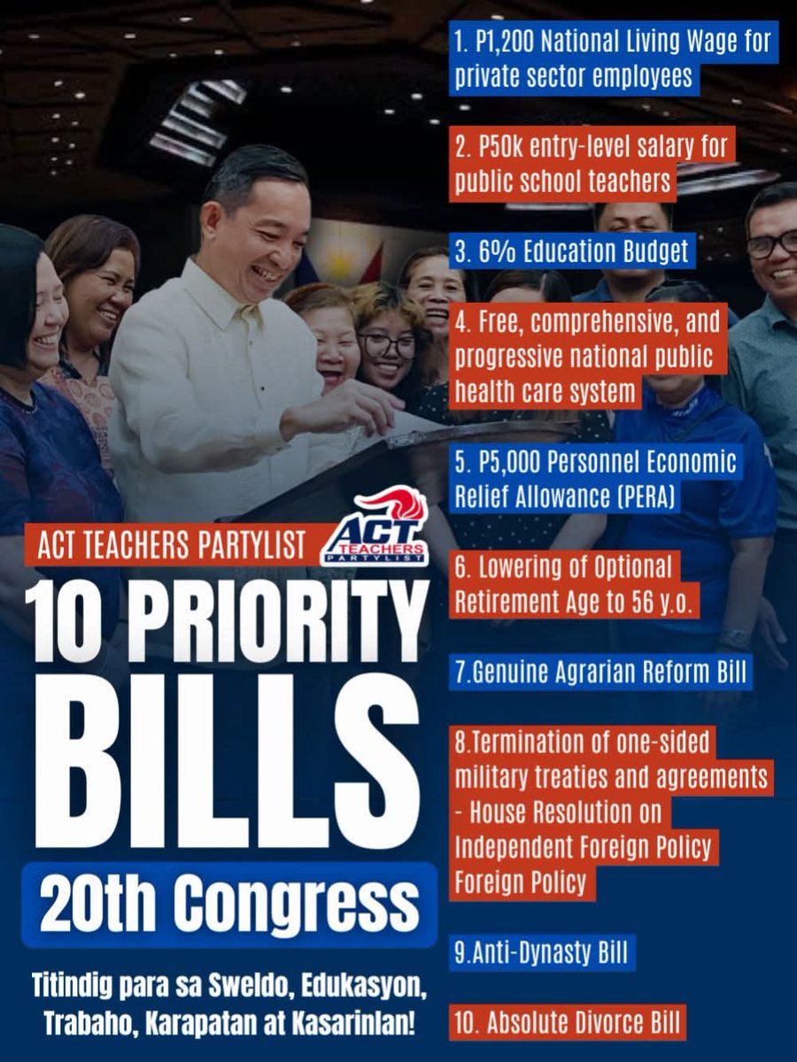 ICYMI: 1ST DAY IN CONGRESS: ✅
FILE PRIORITY BILLS: ✅

Sa unang araw ni ACT Teachers Party-list Rep. Antonio Tinio sa 20th Congress ay nag-file siya ng ilang priority bills na nagsusulong para sa sahod, benepisyo, pampublikong serbisyo, at karapatan.