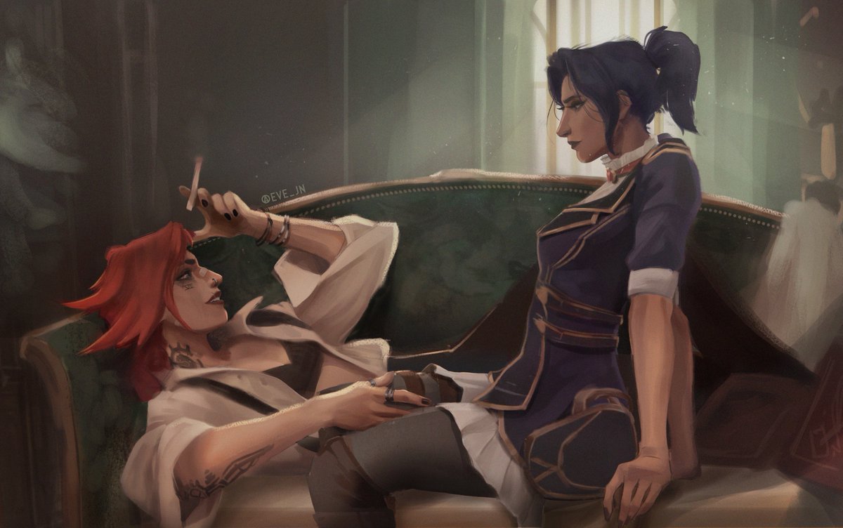 EveJn's tweet image. A little too late for Pride Month, but I finally finished it (not as good as I imagined it, but I'm still proud of it) #arcane #fanart #vi #caitlyn #caitvi #sapphic