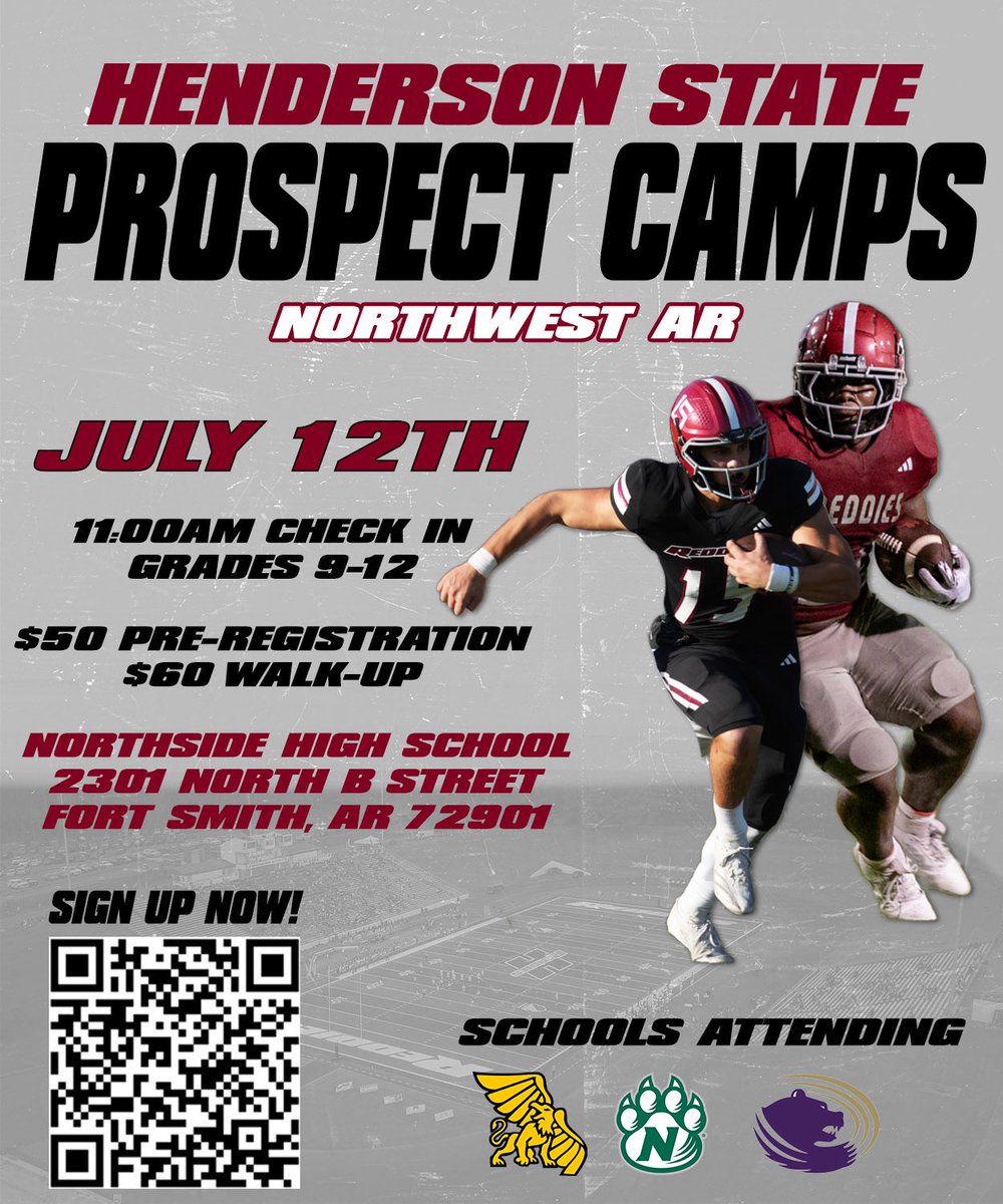 THIS SATURDAY! Last camp for the summer. Excited to see the prospective athletes in Fort Smith! Compete and get seen! 

Registration - 10:30AM 

🔗shorturl.at/K7ufB

#CodeRed
