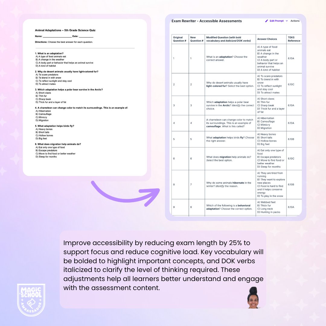 magicschoolai's tweet image. Looking for ways to make assessments more accessible and effective? Crystal created a powerful tool that simplifies tests by reducing length by 25%, bolding key vocabulary, and italicizing DOK verbs to help students focus and succeed.
This is what happens when educators and AI…