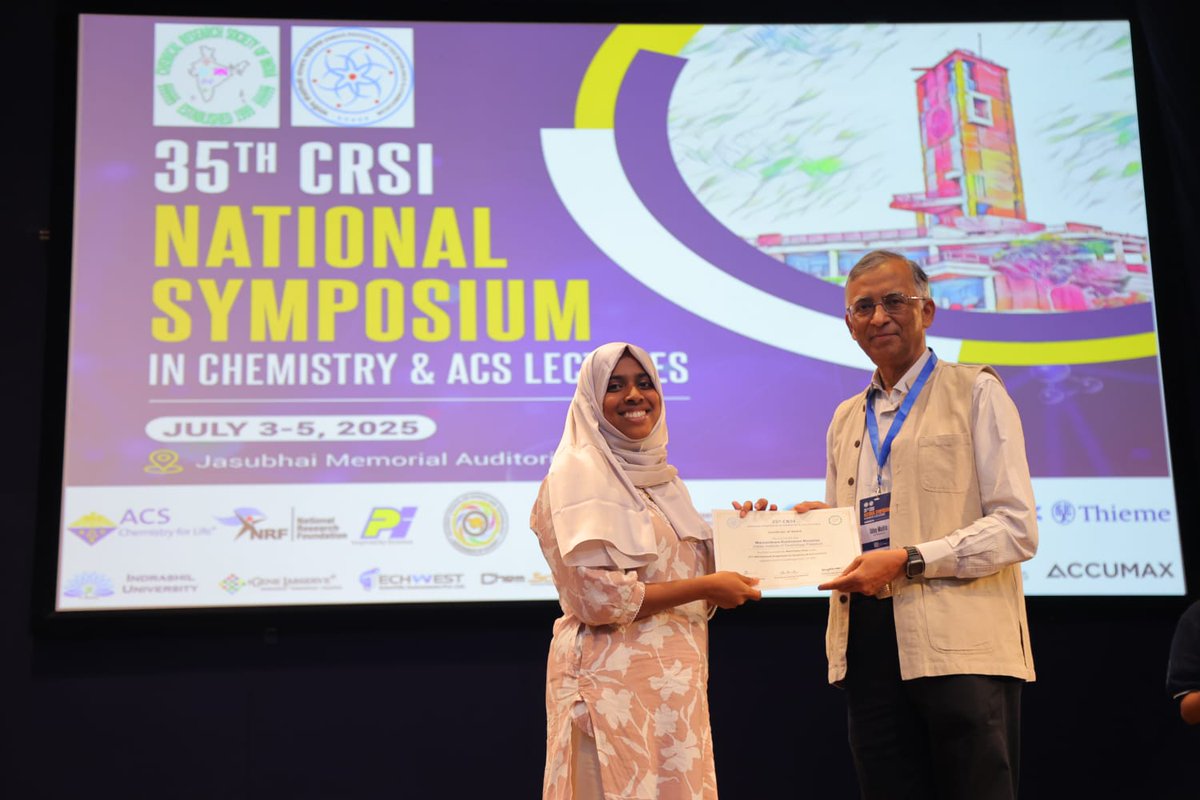Congratulations to our SS group <a href="/PalakkadIIT/">IIT Palakkad</a> PhD student Ms. Noushija M. K. <a href="/KNoushija/">NOUSHIJA M K</a> for receiving the best poster prize at the 35th CRSI National Symposium <a href="/ChemResSocIndia/">Chemical Research Society of India (CRSI)</a> in chemistry organized by <a href="/ChemistryIitgn/">Chemistry IITGN</a>. Thanks, Prof. <a href="/maitrau/">Uday Maitra</a>.