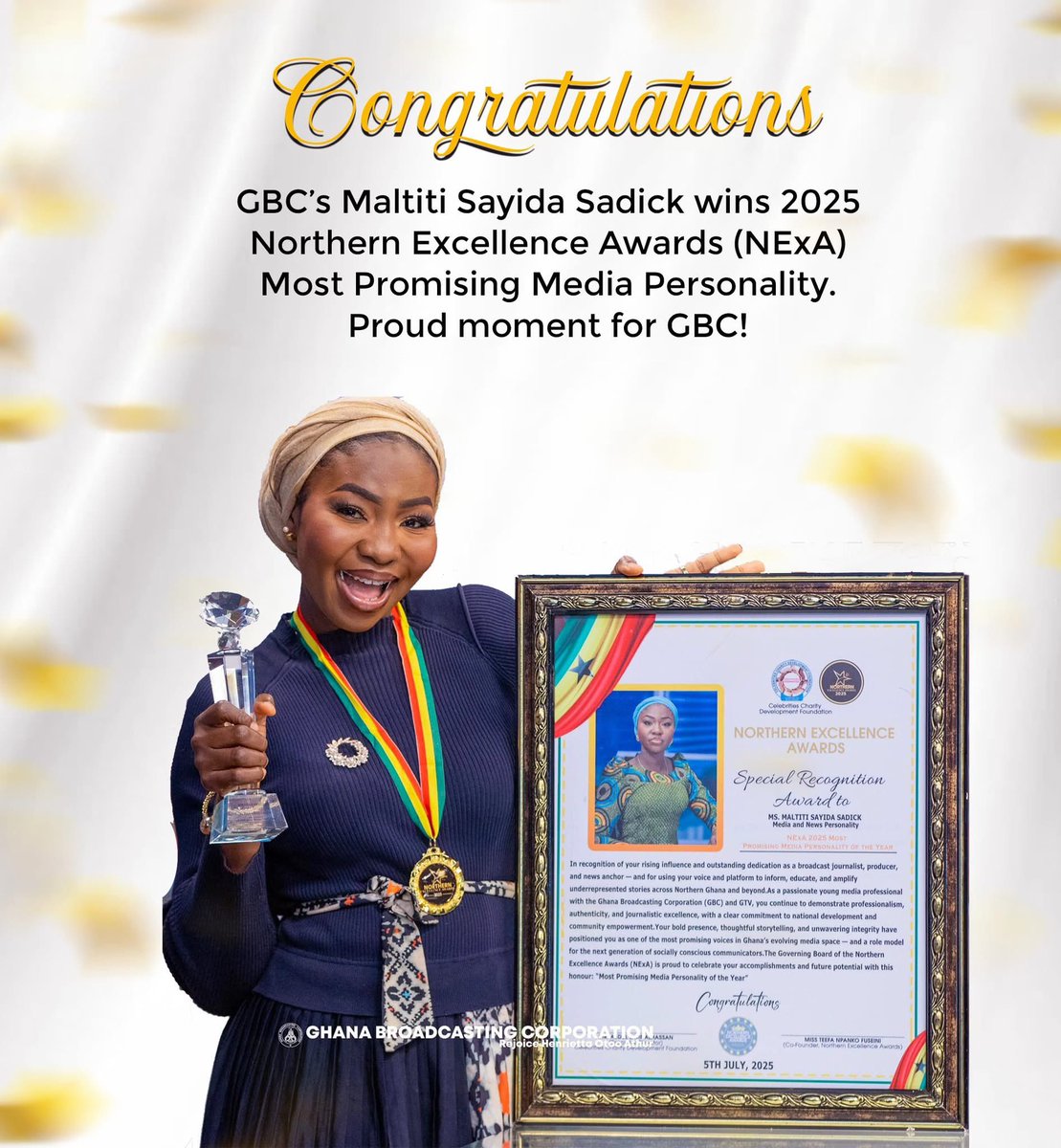 GBC’s Maltiti Sayida Sadick awarded Most promising Media personality of the year 2025 by Northern Excellence Awards NExA at its 7th edition in Tamale.

Congratulations to our very own🥂