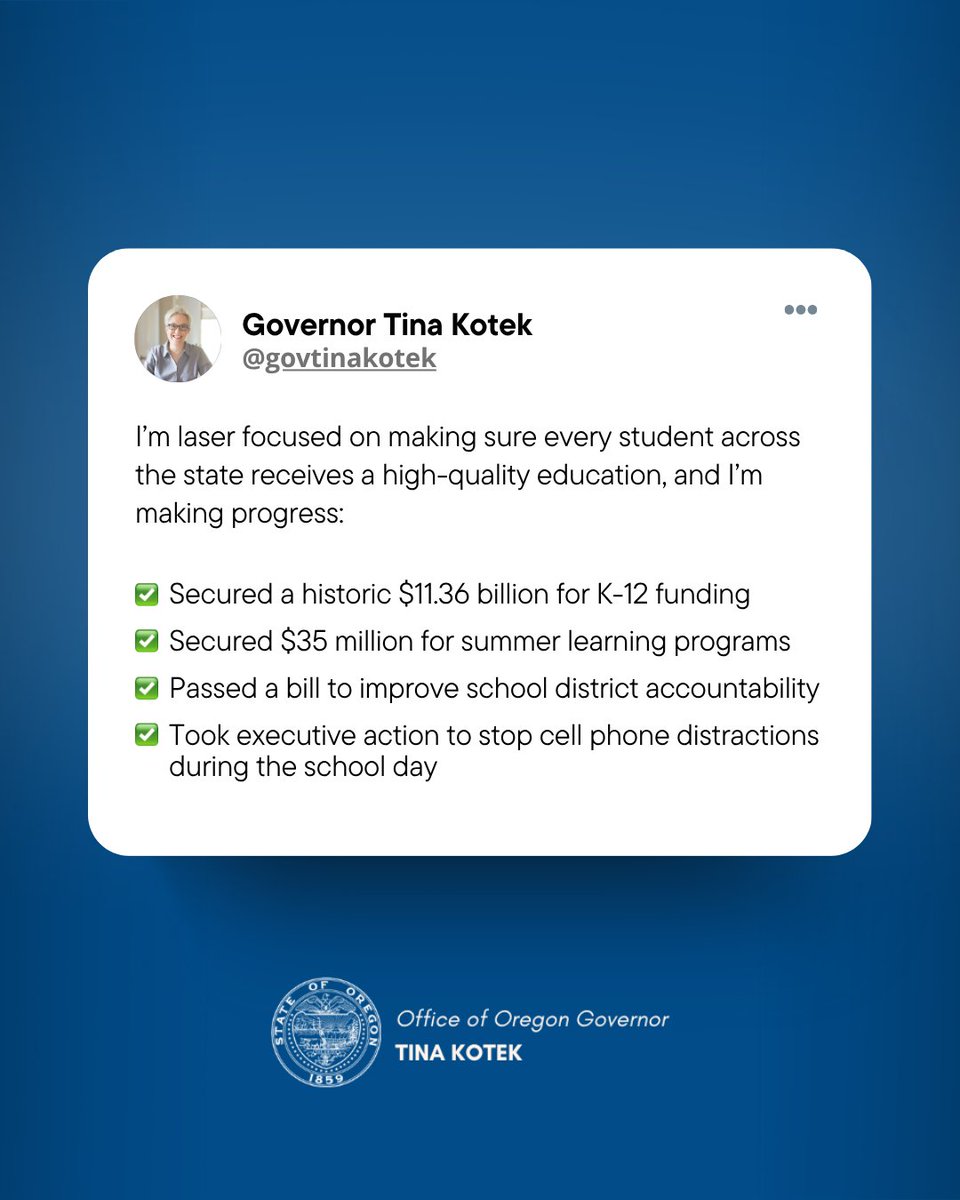GovTinaKotek's tweet image. I’m laser focused on making sure every student across the state receives a high-quality education, and I’m making progress. facebook.com/share/p/1BiHjn…
