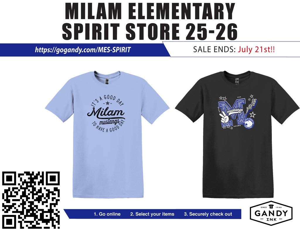 Spirit Wear for the upcoming school year is now available to purchase for students and parents.   Access the online store here:   gogandy.com/MES-SPIRIT  , or by using the QR code in the flyer and gear up for the 25-26 school year.