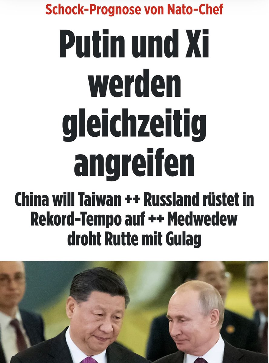 Wer jetzt einen #Weltkrieg herbeiredet, in dem orchestriert China Taiwan und  Russland die Nato angreift der betreibt Panikmache und will a) durchsichtig Aufrüstungsorgien rechtfertigen und/oder b) vom Komplettversagen in der Ukraine ablenken.