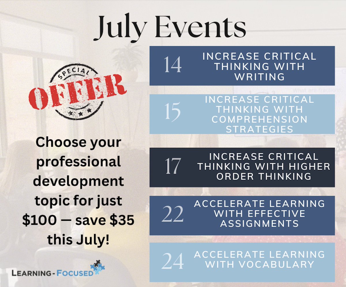 🎉 Educators, this July only! Take $35 off your registration for professional learning at the Learning-Focused Training Center. Choose your topic and pay just $100 for a one-day session to boost your skills! Don’t miss out! 👉 bit.ly/25lfsummer #ProfessionalDevelopment