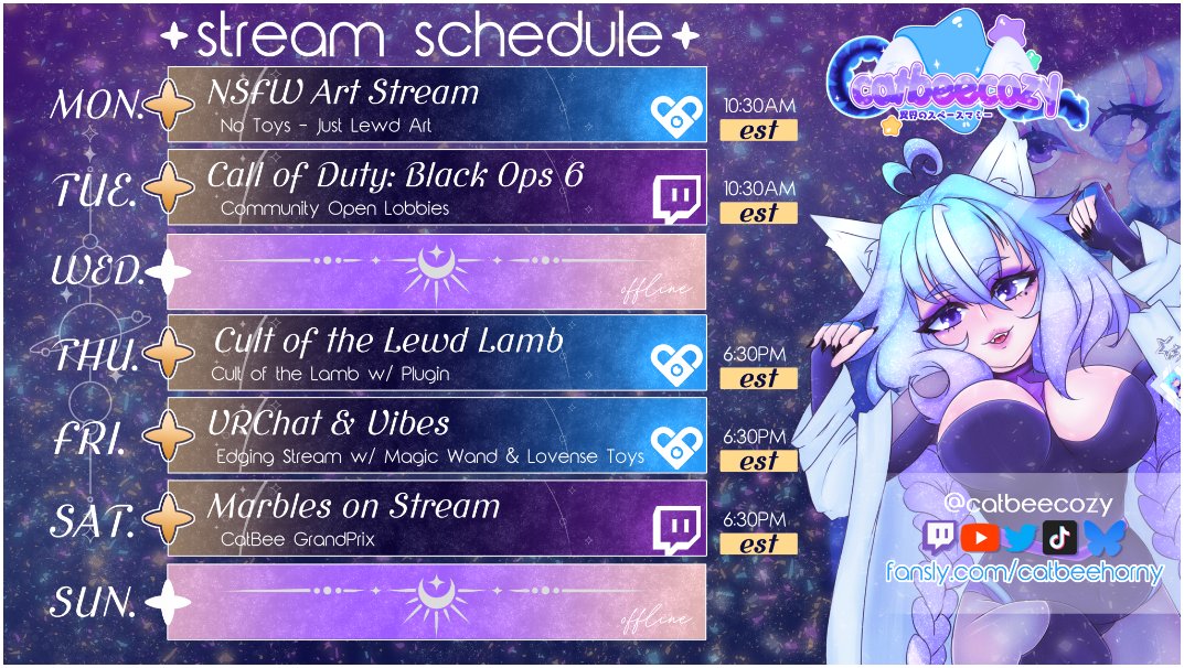 ✨NEW SCHEDULE GRAPHIC!!

Trying to get in lots of time with everyone this week, as I'll be busy and away the following one!

It's late, but it's posted!

🔗 twitch.tv/catbeecozy
🔗 fansly.com/catbeehorny
