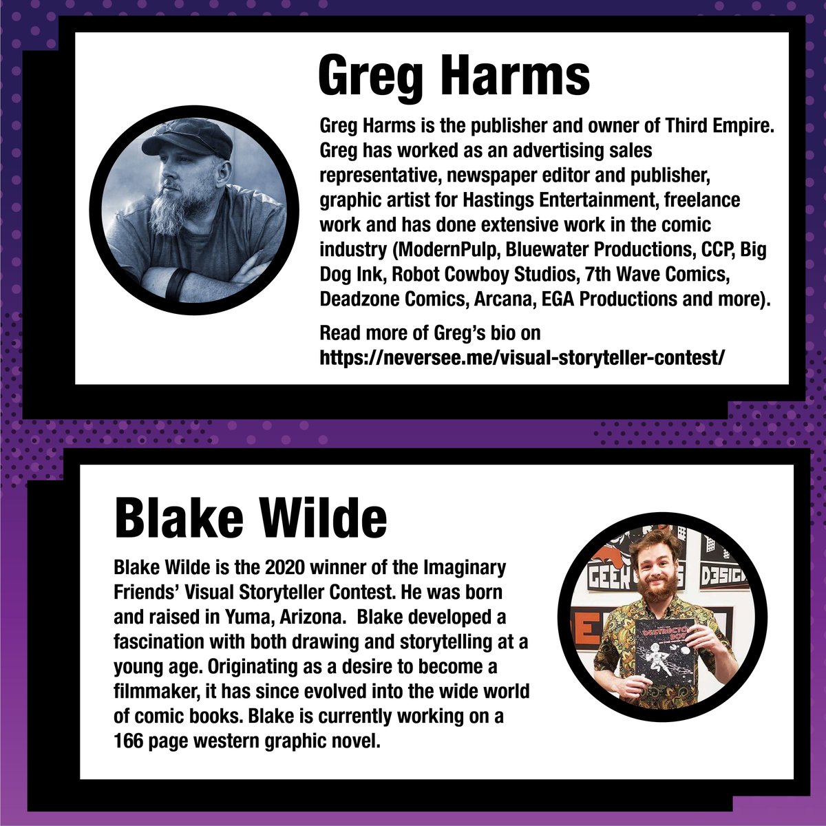 iFdesignstudios's tweet image. Meet the judges for the 2025 #VisualStorytellerContest 👀
Returning: Greg Harms, Blake Wilde &amp;amp; Jon Perry
New this year: Cartoonist Lar DeSouza!

These pros are ready to discover the next great graphic novel. Think you’ve got what it takes? ✨

#Comics #GraphicNovels