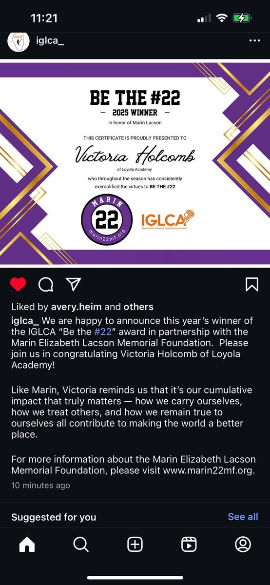 Congratulations to Senior Victoria Holcomb on receiving the “Be the 22” Award.  This award recognizes a lacrosse player who has a great attitude and makes the world a better place by helping others.  Victoria is a Woman for Others!  Go Ramblers!