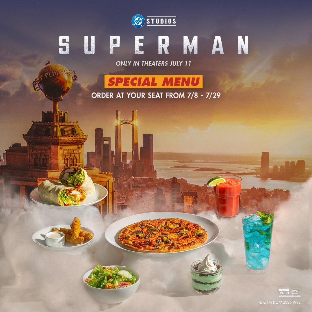 Look! Up in the sky! It’s a bird, it’s a plane, it’s—James Gunn’s SUPERMAN, flying faster than a speeding reboot into the arms of eager fans. If ordinary moviegoing is your kryptonite, join us for our heroic SUPERMAN menu. Details here: bit.ly/4nwHhv7.