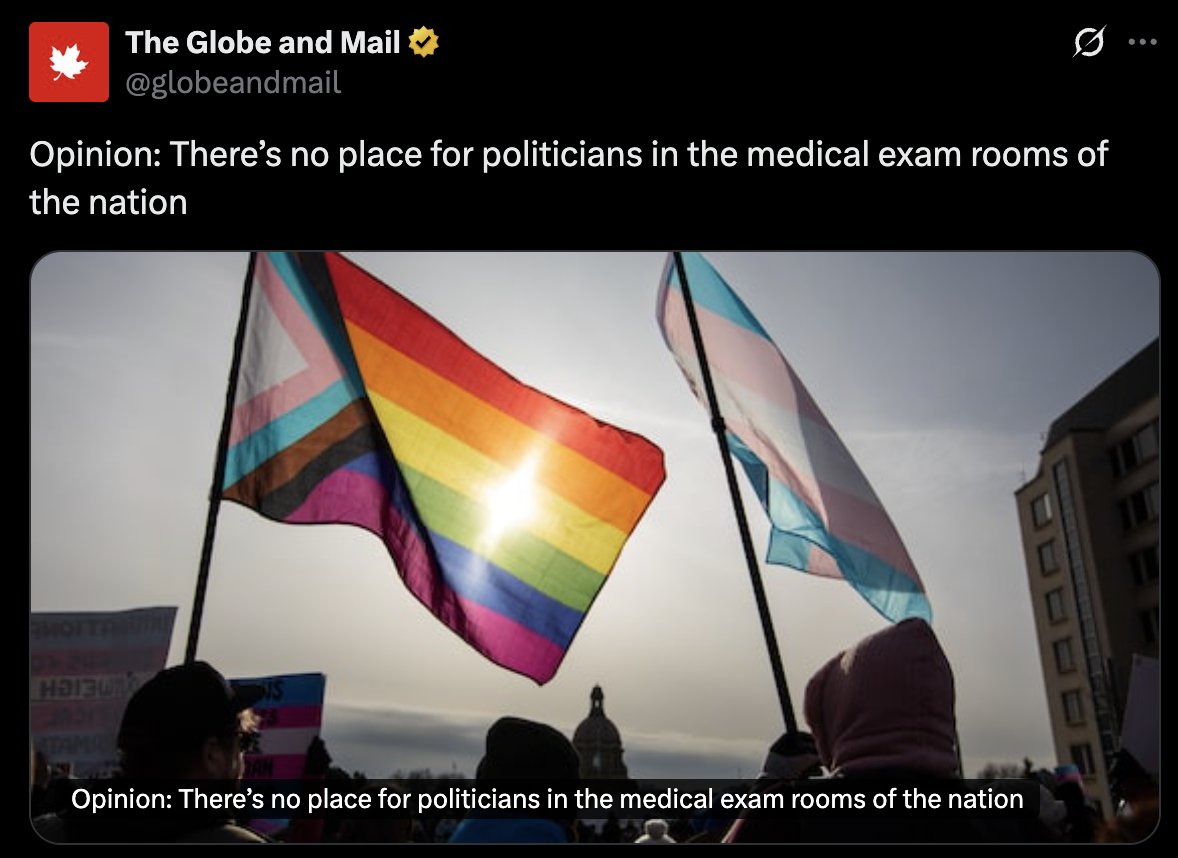 Two op-eds published on the same day here in Canada that perfectly encapsulate the state of the gender debate here. 

Citing the Cass Report, the Skrmetti ruling, and the systematic reviews done in Europe, my piece in the National Post argues that Alberta's Bill 26 is an