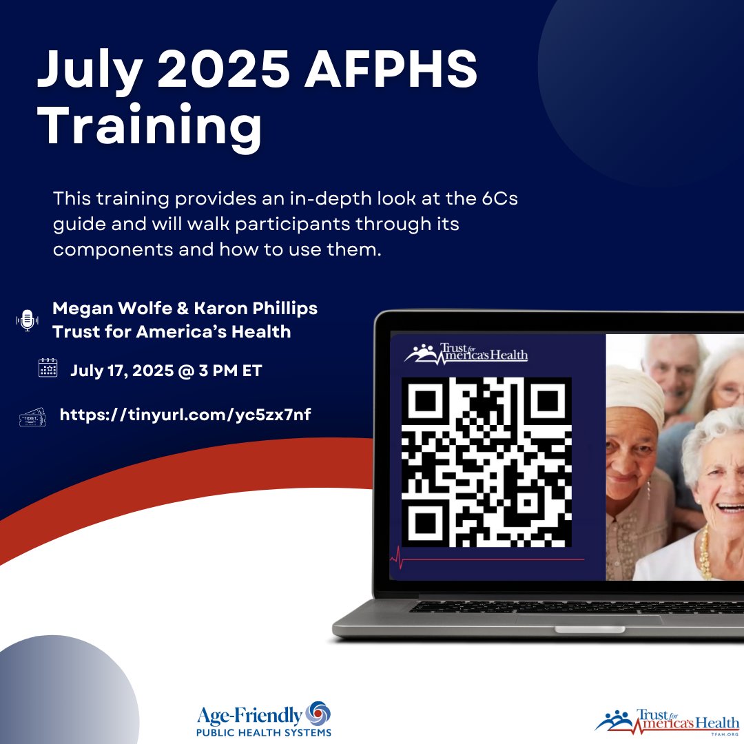 HealthyAmerica1's tweet image. On July 17 at 3PM ET AFPHS will host an engaging training on its new 6Cs Training & Implementation Guide. Join us to learn more about supporting older adults in your community. Register today tinyurl.com/yc5zx7nf