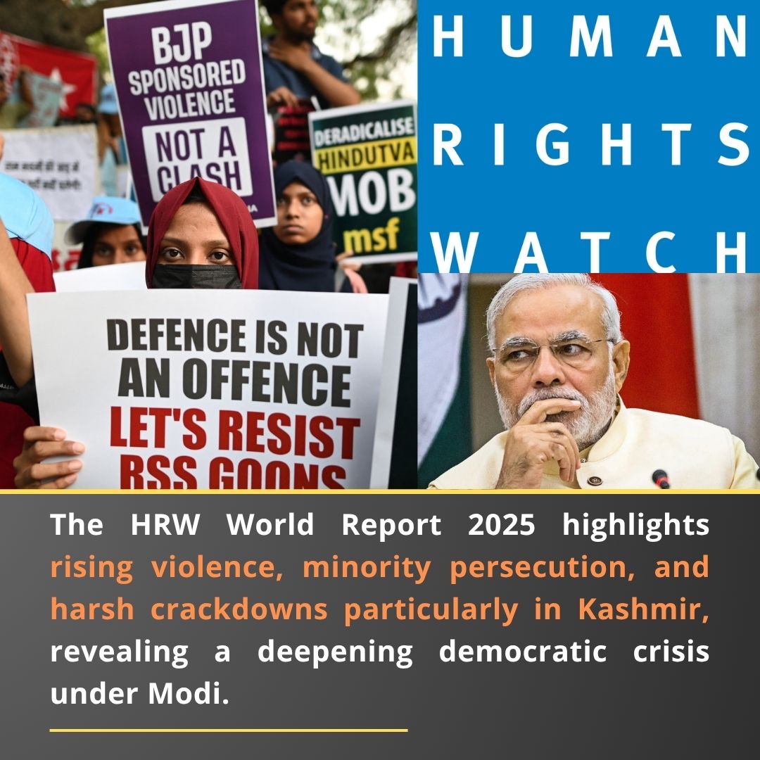 WaleedZarak's tweet image. HRW 2025 highlights India&apos;s deepening democratic crisis: silenced NGOs, brutal crackdowns in Kashmir, rising violence against minorities, and unprotected women. #IndiaHumanRights #ModiRegime #Kashmir #WomensSafety #HumanRights #RevengedLove #BLACKPINK_DEADLINE #LingOrm #est_rvp