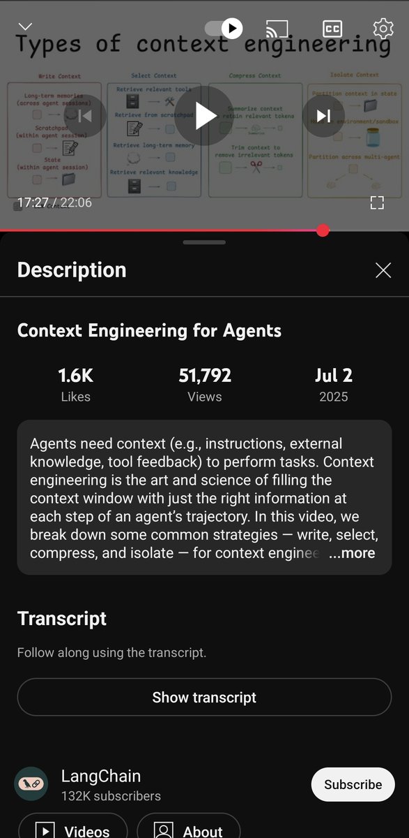 OutmanLek's tweet photo. LangChain’s YT channel has been one of the most valuable resources in my AI journey.

Just as I was diving deeper into context and prompt engineering…

they dropped this 🔥 video last week on Context Engineering for AI Agents.

Here are the key takeaways you need to remember👇 https://t.co/dJKPzwi8rW