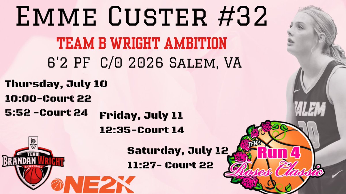emmecuster's tweet image. Updated @TFNsRun4Roses schedule- We will now play on Thursday on Court 22! @Ambition_Hoops @TBWexposure @Assist_U_ @PGHVirginia @JrAllStarBB @JrAllStar_VA @MMBR_CoachGBell @Ohio_Basketball @Team