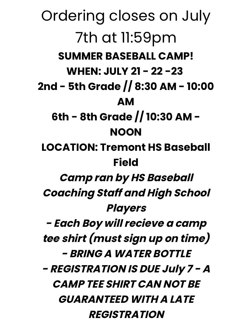 If you still haven’t signed up for our camp, today is the last day to sign up and be guaranteed a camp shirt. Walk ups are welcome, but will not receive a camp shirt. 

teamworks.chipply.com/TremontBasebal…