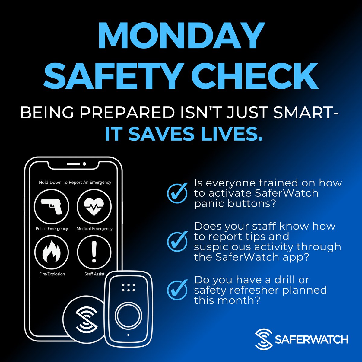 SaferWatchApp's tweet image. 🛡️MONDAY SAFETY CHECK
Start the week strong by making sure your team is ready to respond — anytime, anywhere.
✔️ Is everyone trained on how to activate SaferWatch panic buttons?
✔️ Does your staff know how to report tips and suspicious activity through the SaferWatch app?
✔️ Do…