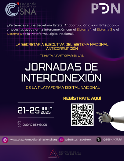 SESNAOficial's tweet photo. ¡No te lo pierdas! 🙌

En el marco de actividades para consolidar la interconexión de Entes públicos con la #PDN del #SNA, del 21 al 25 de julio 🗓️se llevarán a cabo las Jornadas de Interconexión de la Plataforma Digital Nacional 2025, en la Ciudad de México.

Si perteneces a una Secretaría Estatal Anticorrupción o a un Ente público y requieres asistencia técnica ⚙️ en la interconexión con el Sistema de evolución patrimonial, de declaración de intereses y constancia de presentación de declaración fiscal (Sistema 1), el Sistema nacional de servidores públicos y particulares sancionados (Sistema 3) o el Sistema de información pública de contrataciones (Sistema 6) de la #PDN… ¡Te invitamos a participar! 🥳

Además, habrá talleres técnicos y conferencias en materia de ciberseguridad 💻, protección de datos personales 🔏, inteligencia de datos 📈 y transformación digital.

¡Regístrate y sé parte de este evento de interconexión!
https://t.co/Ya2vVLvbrT

#InteligenciaInstitucionalAnticorrupción
