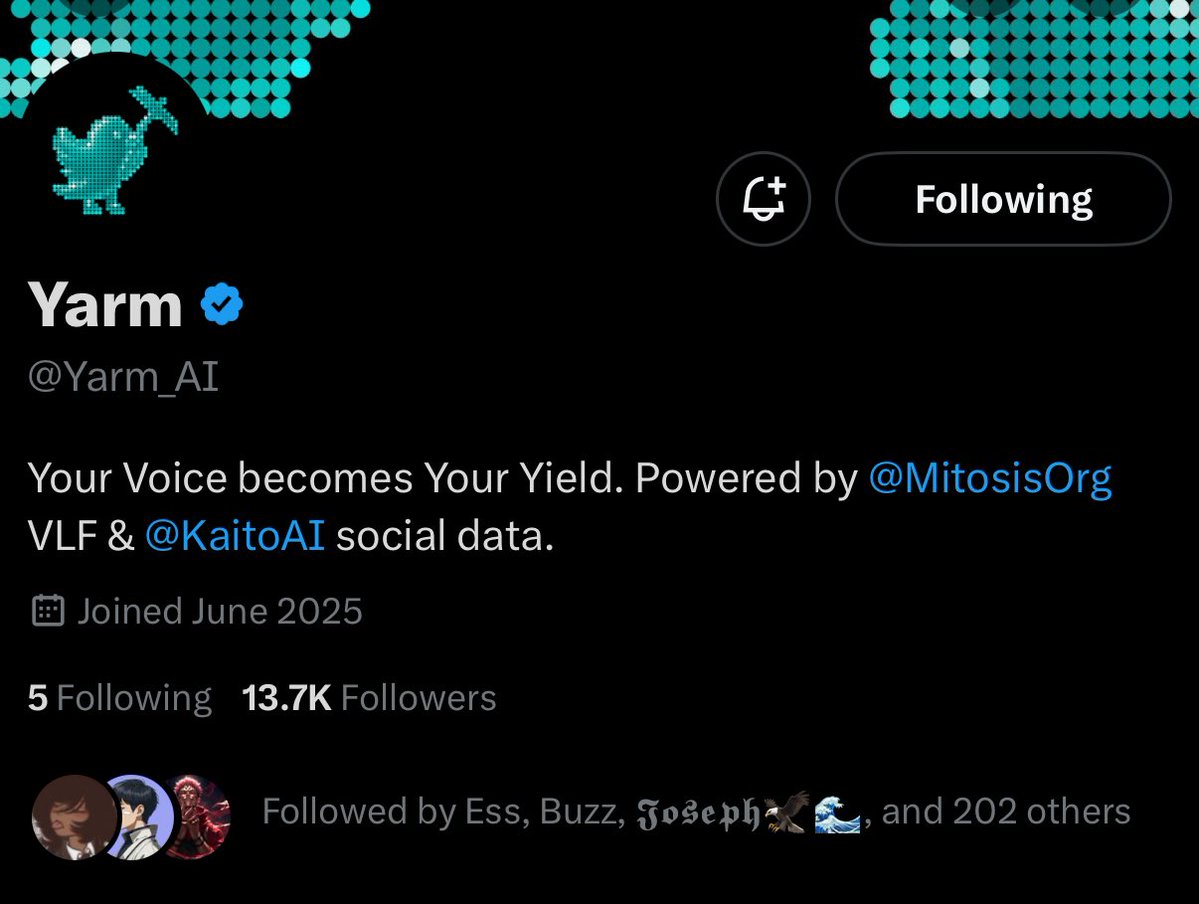 There’s a quiet buzz growing around <a href="/Yarm_AI/">Yarm</a>

A project powered by the innovative Kaito AI and closely tied to Mitosis. It’s already caught the eye of Kaito’s official account, hinting at something big in the works.

Heavyweights like Luke, co-founder of Mitosis, have shared