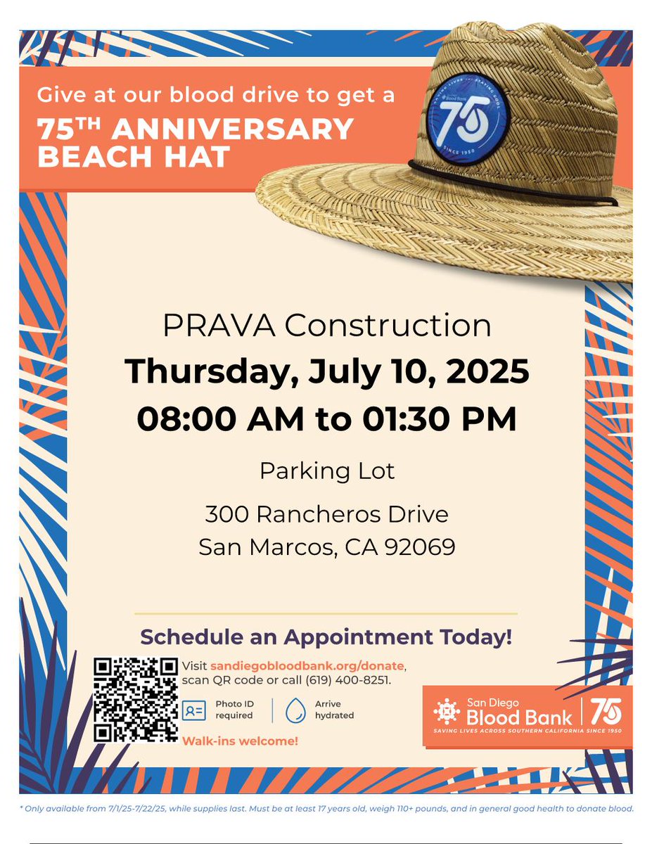 Our Blood Drive is this Thursday July 10th from 8am-1:30pm! Please join us and help us to save lives! Link to register: mysdbb.org/donor/schedule…