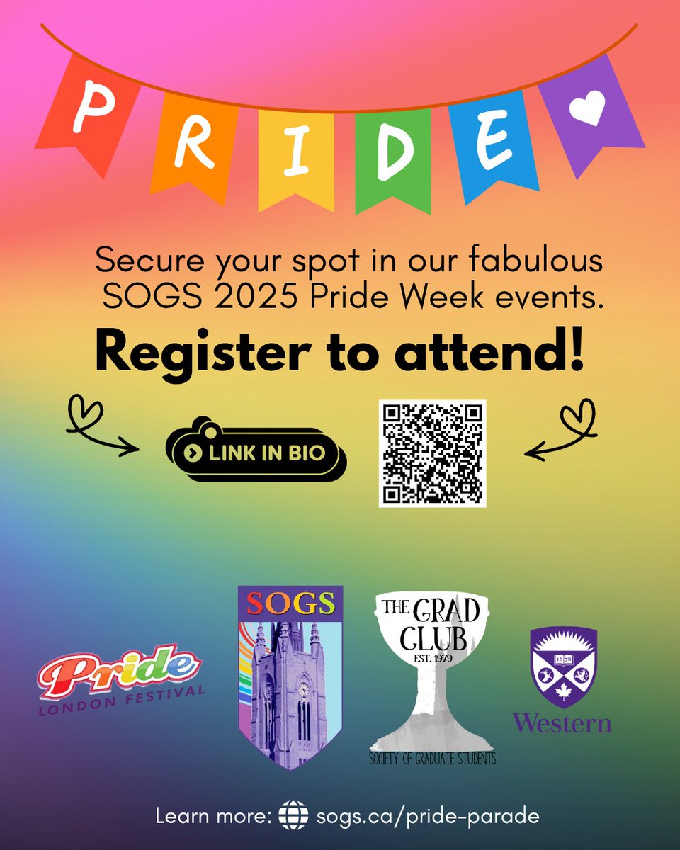 🏳️‍🌈SOGS Pride Week is nearly here!🏳️‍⚧️

We're hosting and attending a bunch of inclusive, fun, inspiring events from July 11th-20th!

More info and registration links: sogs.ca/pride-parade/

#gradlifewesternu