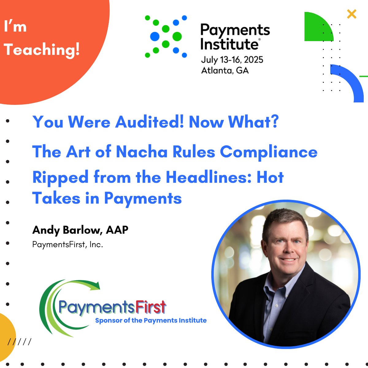 We’re sponsoring this year’s #PaymentsInstitute—and Andy B. will be speaking! 🙌 Catch his sessions listed on the graphic below and gain key insights into the world of payments. 👏 #TPI2025 #PaymentsFirst #FinServ