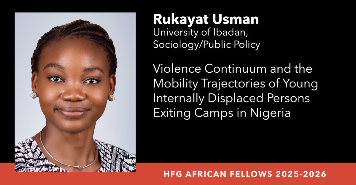 Harry Frank Guggenheim Foundation (@hfguggenheim) on Twitter photo 2025–26 <a href="/HFGuggenheim/">Harry Frank Guggenheim Foundation</a> African Fellow <a href="/AtRukky/">rukky_at</a>, of <a href="/ibadanuni/">University of Ibadan, Nigeria</a>, is mapping the violence young displaced persons face as they exit camps in Northeast Nigeria.
Learn more: hfg.org/african-fellow…
#ForcedMigration #YouthStudies #IDPs #Nigeria 2025–26 <a href="/HFGuggenheim/">Harry Frank Guggenheim Foundation</a> African Fellow <a href="/AtRukky/">rukky_at</a>, of <a href="/ibadanuni/">University of Ibadan, Nigeria</a>, is mapping the violence young displaced persons face as they exit camps in Northeast Nigeria.
Learn more: hfg.org/african-fellow…
#ForcedMigration #YouthStudies #IDPs #Nigeria