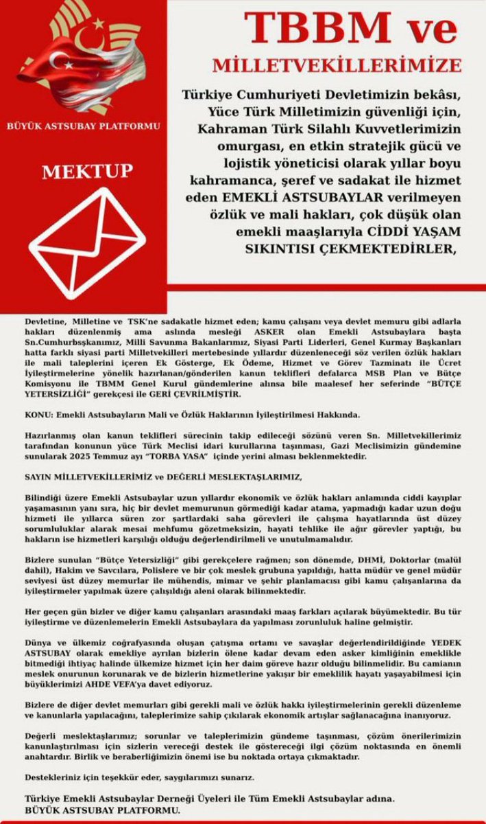 #AstsubaylardanMektupVar  Verin hakkımızı biz bir aileyiz Emeklilikte açlık sınırında maaş alıyoruz Geçinemiyoruz,bunu Astsubaylar asla Uñutmayacak <a href="/tcsavunma/">T.C. Millî Savunma Bakanlığı</a> <a href="/TSKGnkur/">TSK</a> <a href="/TC_icisleri/">T.C. İçişleri Bakanlığı</a> <a href="/csgbakanligi/">T.C. Çalışma ve Sosyal Güvenlik Bakanlığı</a> <a href="/HMBakanligi/">T.C. Hazine ve Maliye Bakanlığı</a> <a href="/hulusiakarmedya/">Hulusi AKAR</a> <a href="/celebimehmeta/">Mehmet Ali Çelebi</a> <a href="/DursunATAS38/">Dursun ATAŞ</a> <a href="/avabdullahguler/">Abdullah Güler</a> <a href="/ahaber/">A Haber</a>
