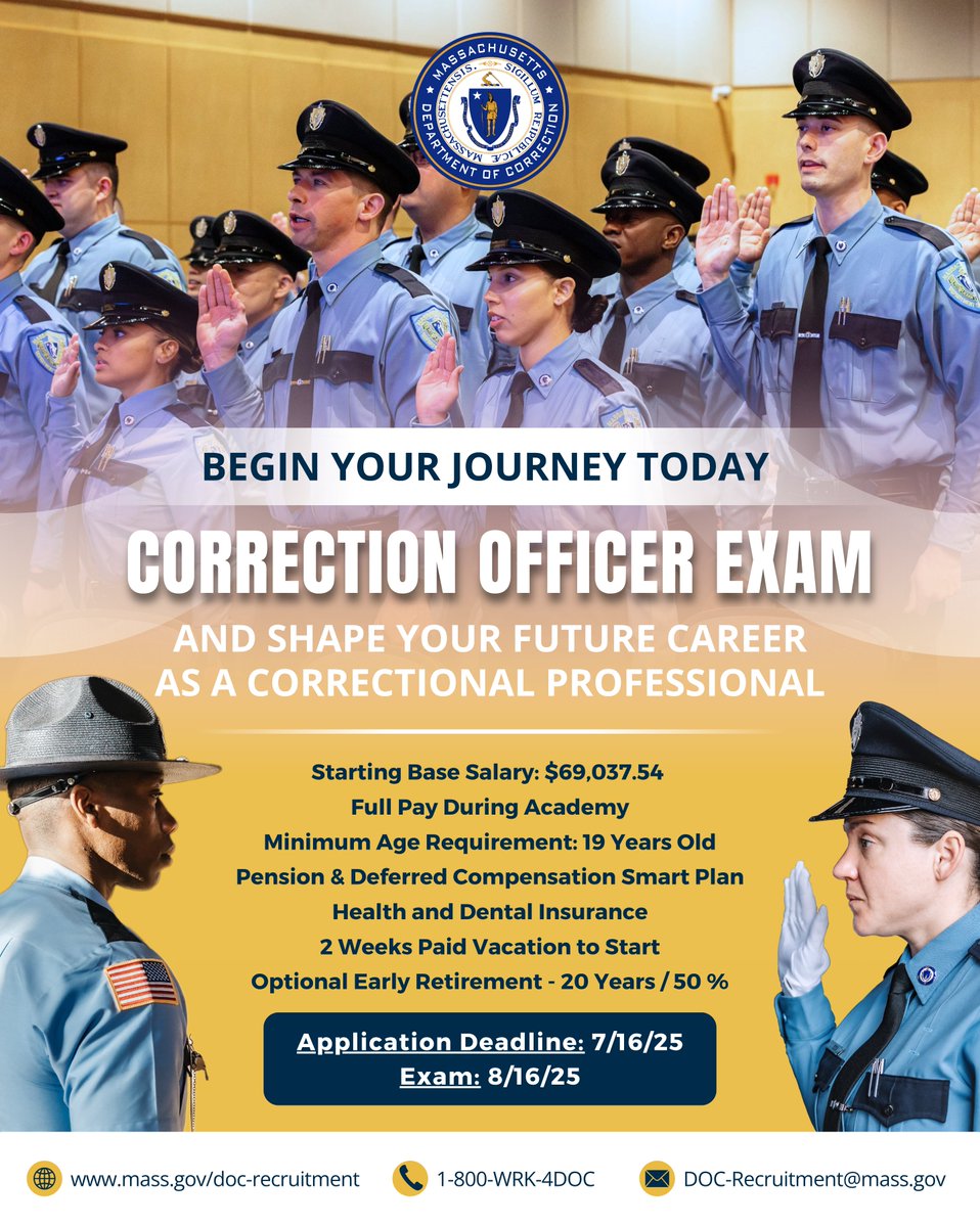 MACorrections's tweet image. ⏳ Final Week to Apply! Don’t miss your chance to start a rewarding career with the DOC and be part of a team committed to public safety and service. Now welcoming applicants aged 19.
📅 Deadline to register is July 16.
🔗 Apply now: mass.gov/info-details/2…