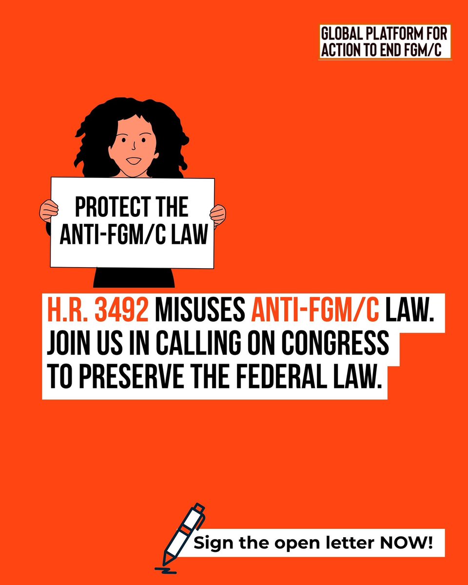 FGM/C affects 230M+ women &amp; girls globally—including 500K+ in the U.S.

H.R. 3492 dangerously conflates FGM/C with gender-affirming care. It risks survivor protections &amp; distracts from prevention efforts.

Sign the open letter: forms.gle/q8hQnHY3vobC2w…

#RejectHR3492 #EndFGM