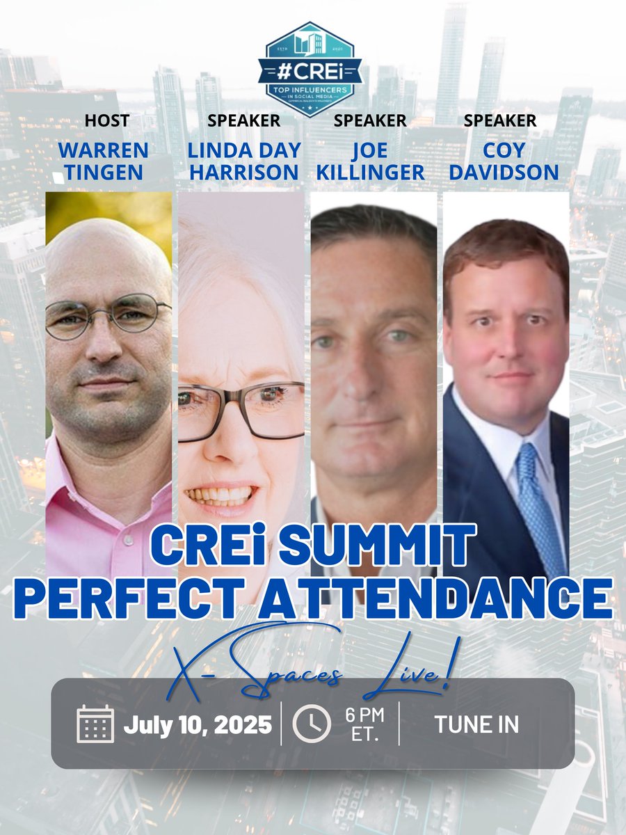 creisummit's tweet image. 🎙️ Perfect Attendance Panel – LIVE on X Spaces!
Join @WarrenTingen as he hosts a powerhouse convo w/ CREiSummit regulars:
@CoyDavidsonCRE
@dayharrison
@JoeKillinger
🗓️ Thurs, July 10 | 6pm ET
🔗 x.com/i/spaces/1DXxy…
Hear why they keep showing up...and why you should too.