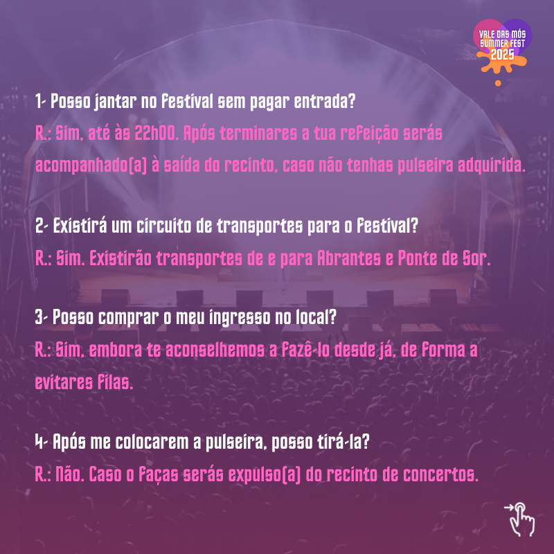 vdmsummerfest's tweet photo. Tens dúvidas sobre o funcionamento do Vale das Mós Summer Fest? 🤔

Aqui estão as respostas às perguntas mais frequentes 😎

#EsteValeValeAPena https://t.co/p4OHnCYlwY
