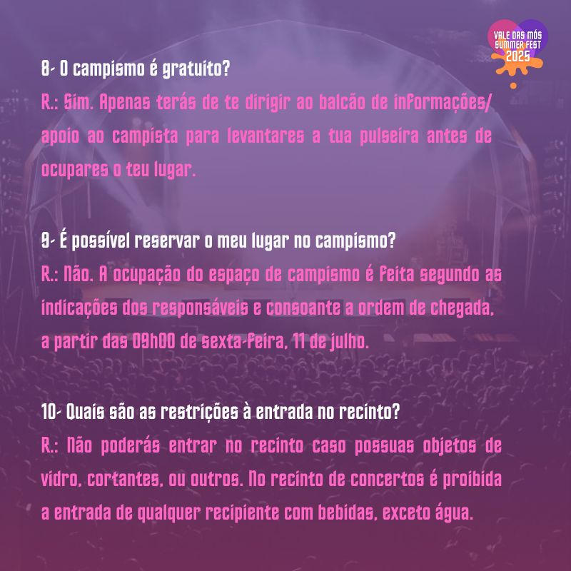 Tens dúvidas sobre o funcionamento do Vale das Mós Summer Fest? 🤔

Aqui estão as respostas às perguntas mais frequentes 😎

#EsteValeValeAPena