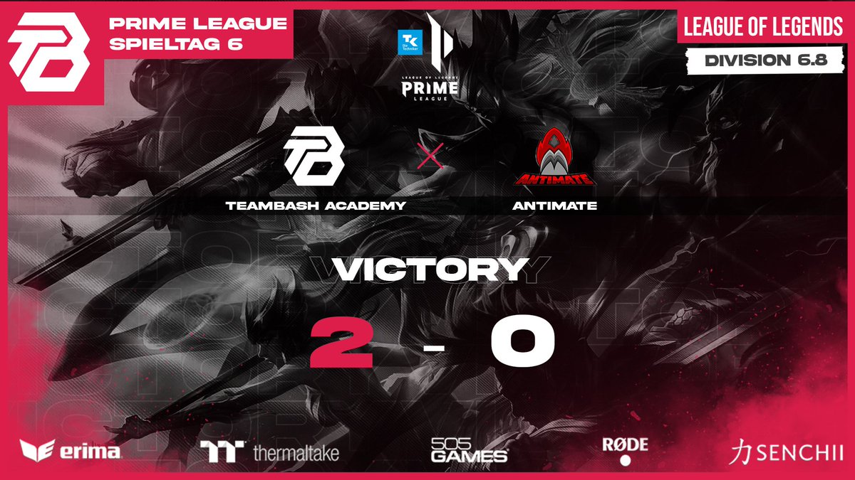 TeamBasH_Gaming's tweet photo. 🎮Ergebnis🎮
Erfolgreich den 1. Platz im Topspiel verteidigt🔥
So kann es gerne weiter gehen!
GGWP an den Gegner und viel Erfolg weiterhin 💪🏻
🆚️TeamBasH Academy vs. Antimate
🏆2:0 | Sieg
🎮.@PrimeLeague | Division 6.8
#teambash #leagueoflegends #primeleague #esport #gobash #win #sieg #gewonnen
@DynamoLuk @ERIMA1900 @Thermaltake_de @505GAMESGermany @rodemics @SenChiiPerform