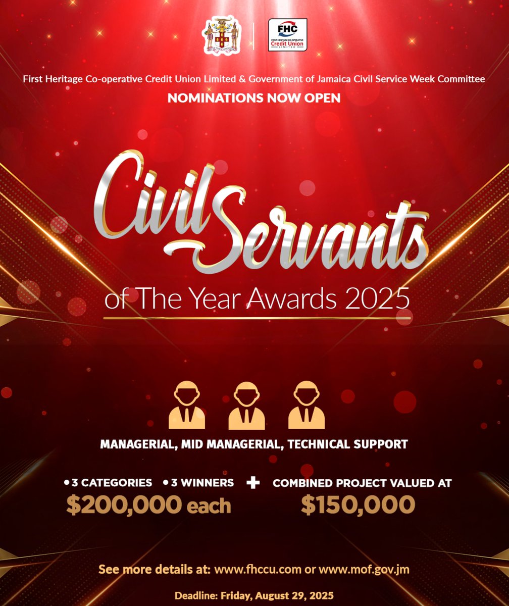 MOFJamaica's tweet image. Nominations are now open for the FHCCU/CSW Civil Servant of the Year Awards. Nominate your civil servant now. 

#mofpsjamaica
#civilserviceweek