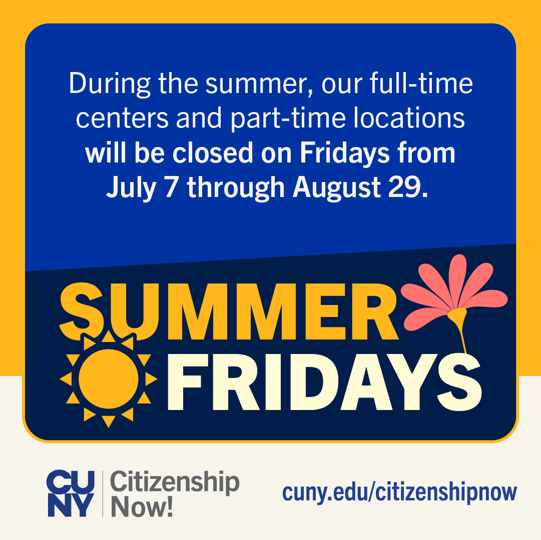 CUNYCitizenship's tweet image. From July 7 through August 29, our business hours are Monday-Thursday, 9 am to 5 pm. You can call us for an appointment at 646-664-9400 or text us at 929-334-3784.